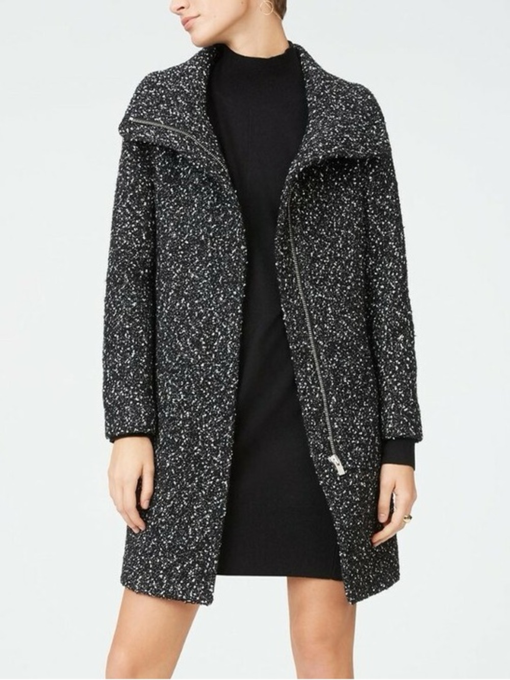 Club Monaco Black White Speckled Boucle Zip Wool Coat Jacket Size S